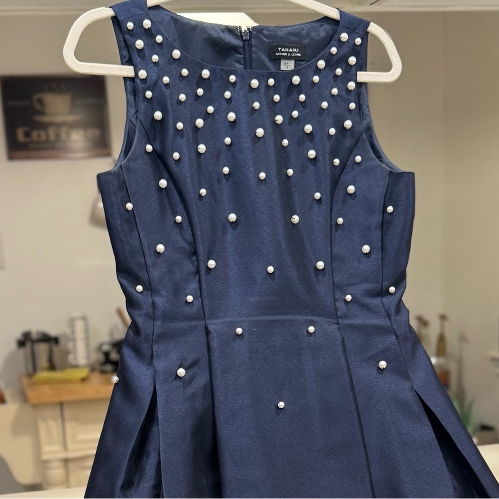Navy Blue Fit and Flare Dress with Pearl Accents